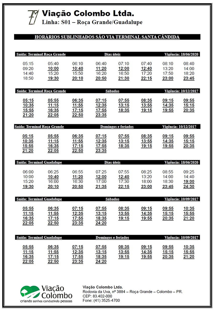 Horario De Onibus Roça Grande Guadalupe S01-Roça Grande/Guadalupe | Viação Colombo